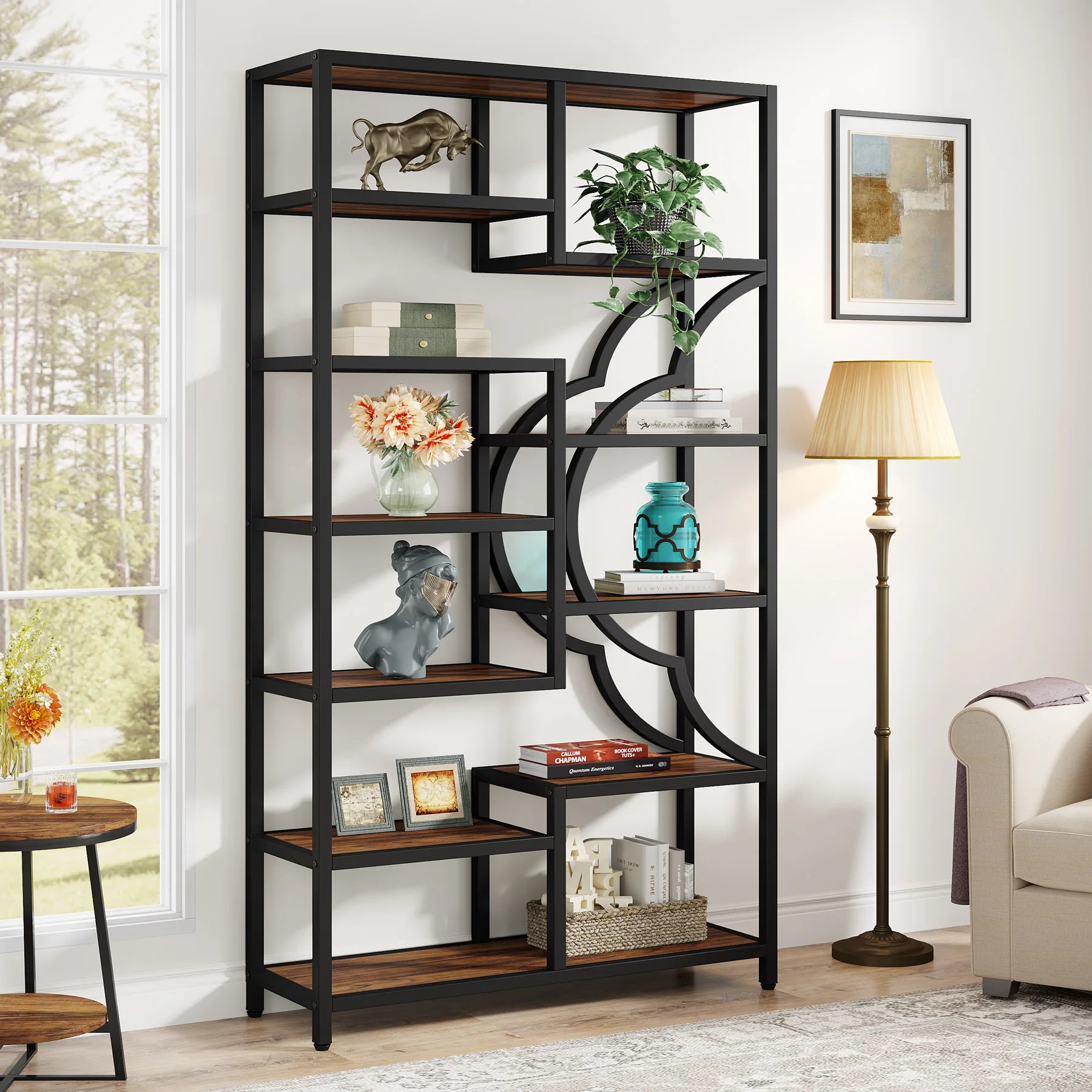 Industrial Etagere Bookcase with Curved Arc for Living Room — 71" Tall Freestanding