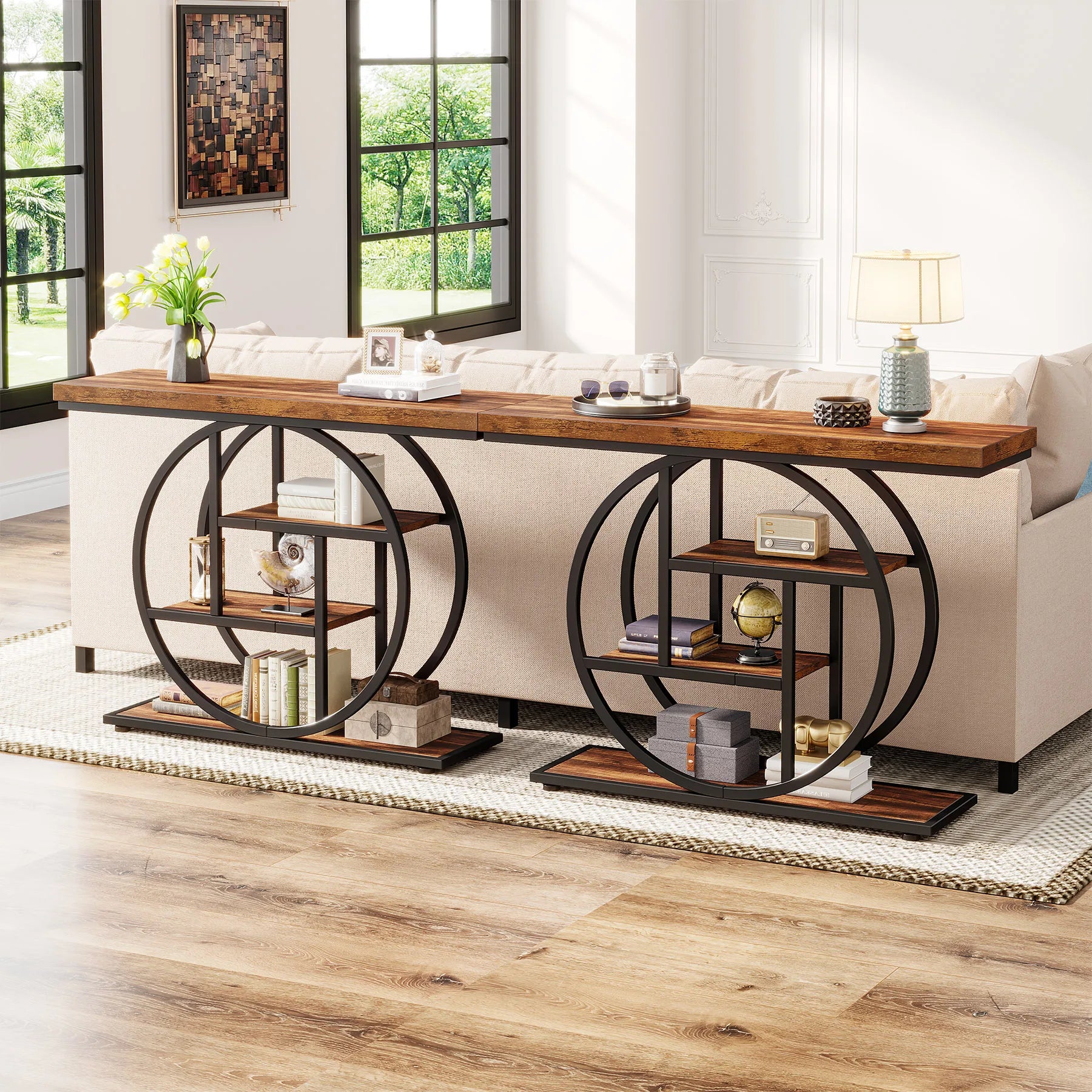 Rustic Wood 4-Tier Console Table with Round Metal Frame for Entryway — 41.3in