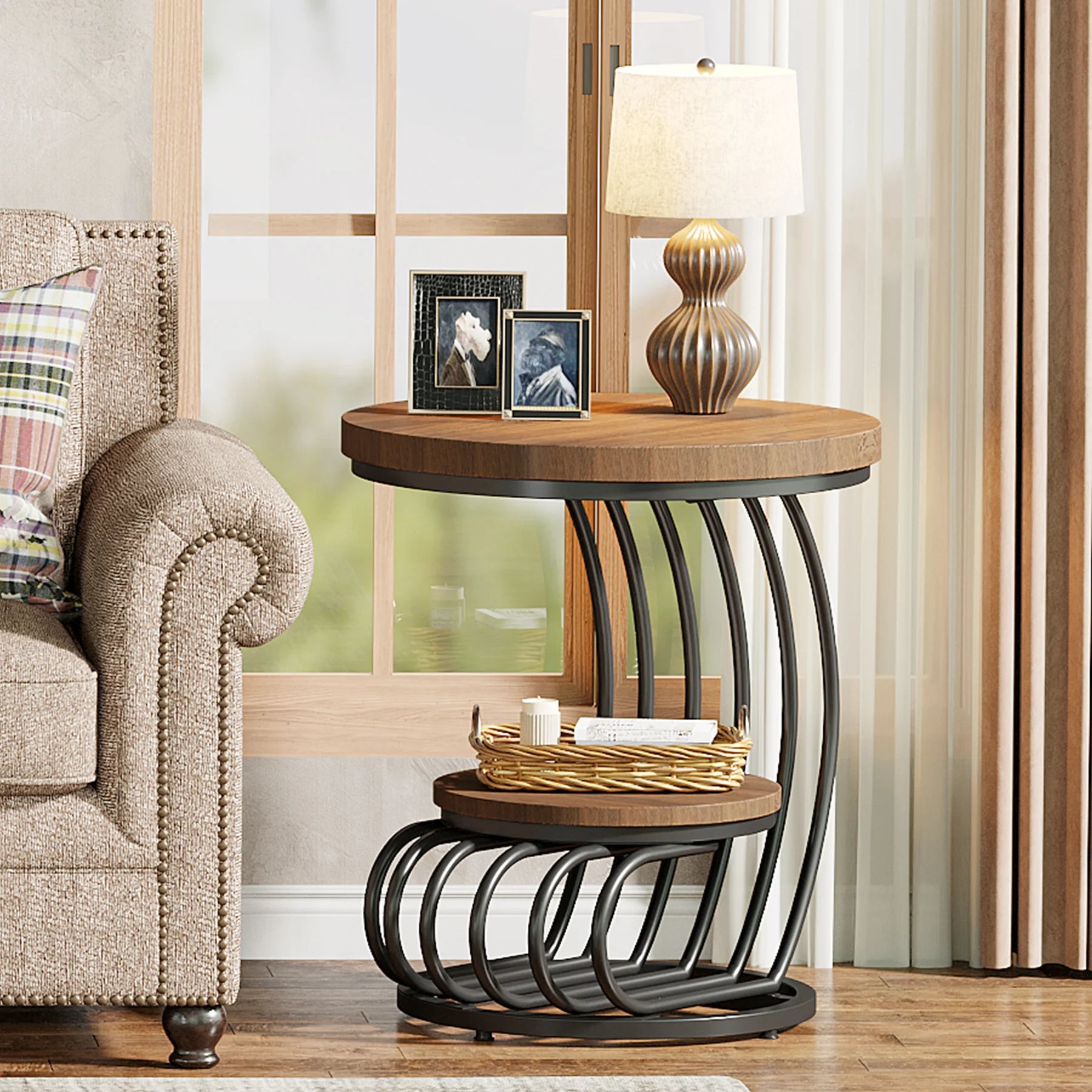 Gold Round Side Table with Faux-Marble Tiers for Living Room — 20-inch Sculptural Accent Table