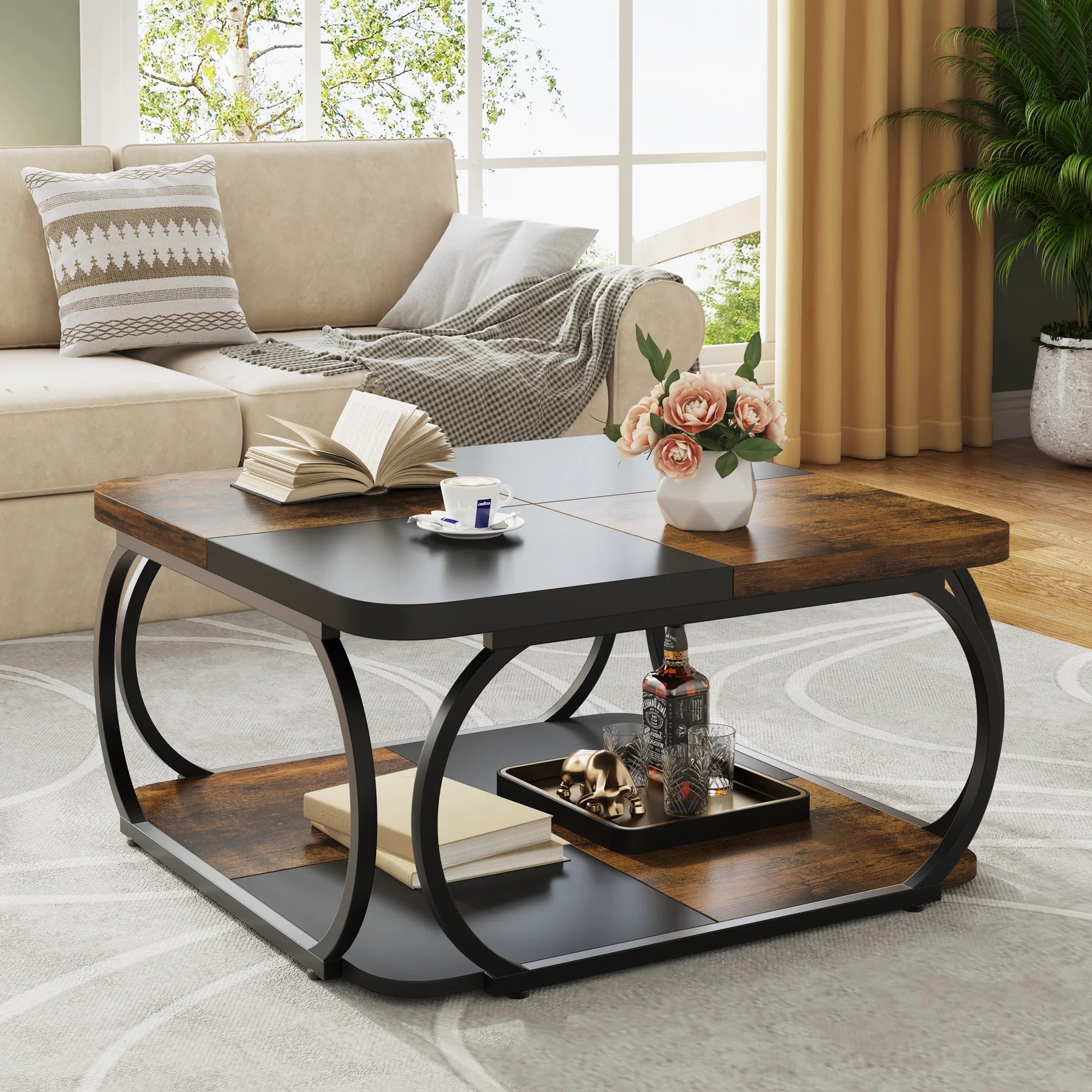 Two-Tone Wood Coffee Table with Storage Shelf for Living Room — 40in Square, Curved Metal Frame