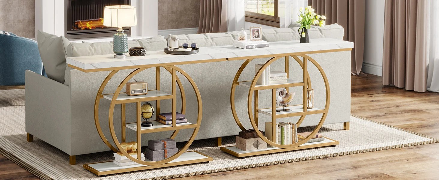 Faux Marble Gold Console Table with Storage Shelves for Entryway — 70" Behind-Sofa