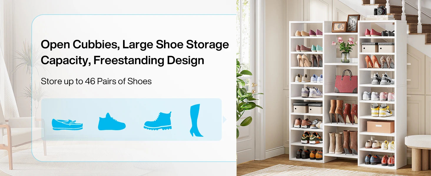 White Wood 14-Tier Shoe Rack with 22 Open Cubbies for Entryway — Holds 46 Pairs