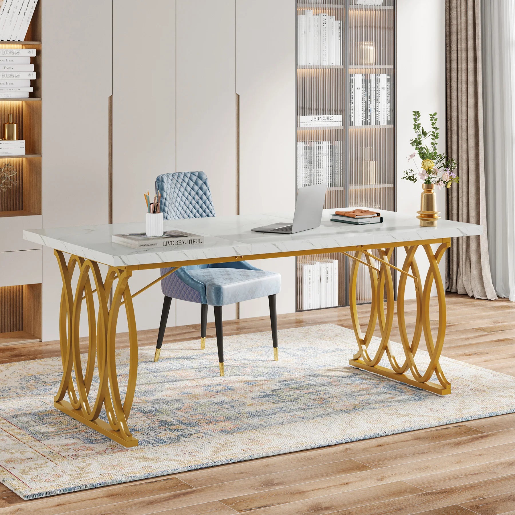 White Executive Desk with Gold Metal Legs for Home Office — 70.9"