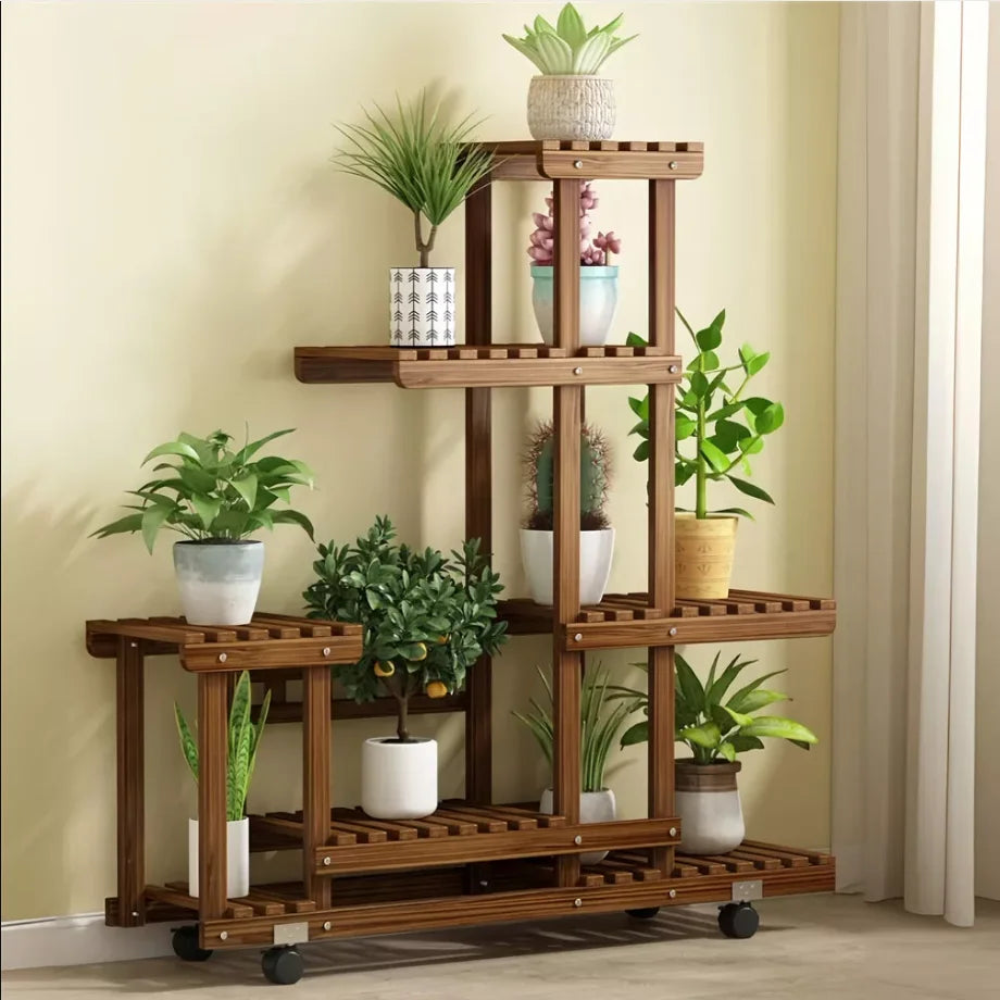 Carbonized Pine Plant Stand with Wheels for Living Room — 6-Tier Rolling Display