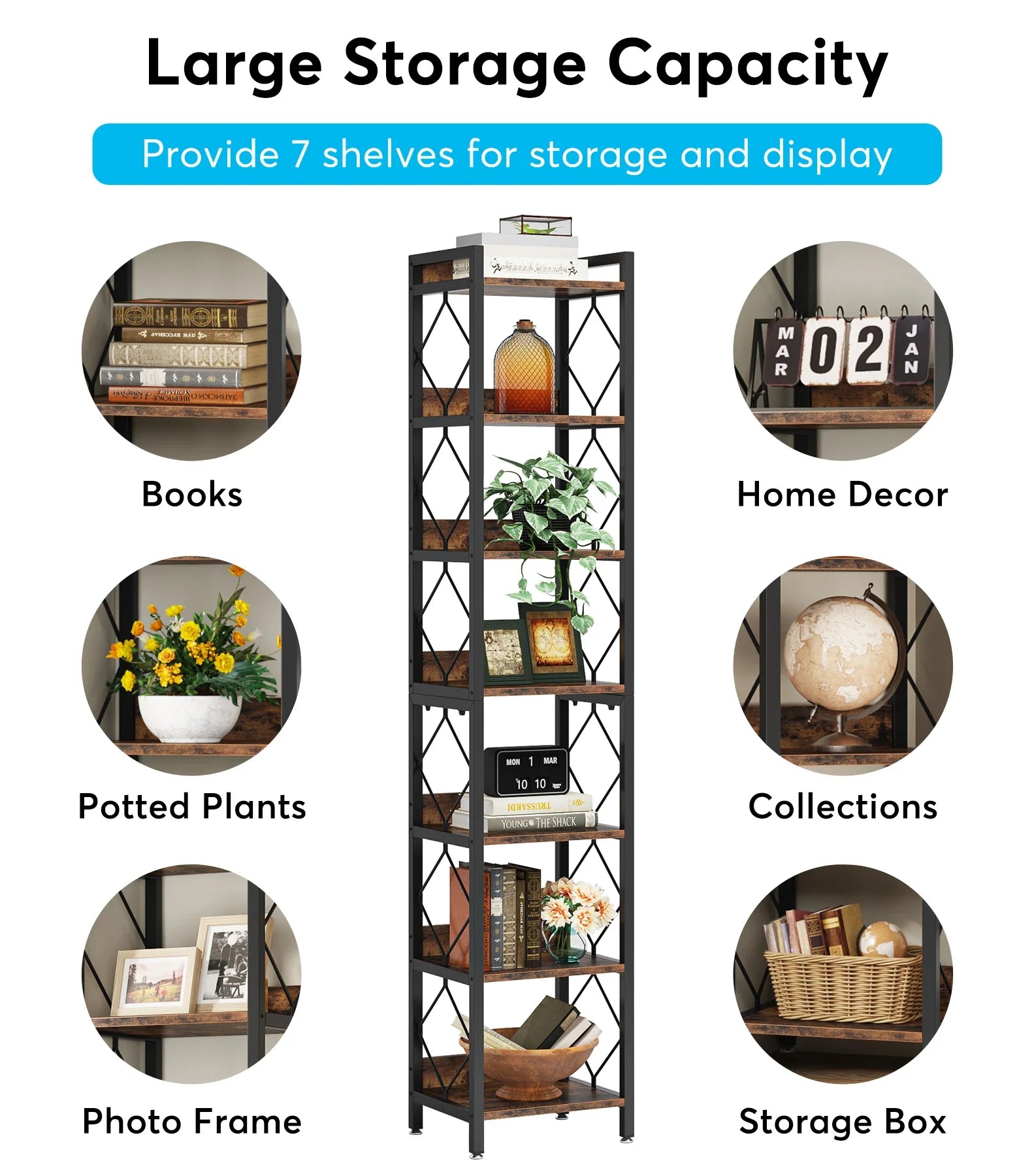Industrial Narrow Bookshelf with 7 Tiers for Small Spaces — 78.7in Tall