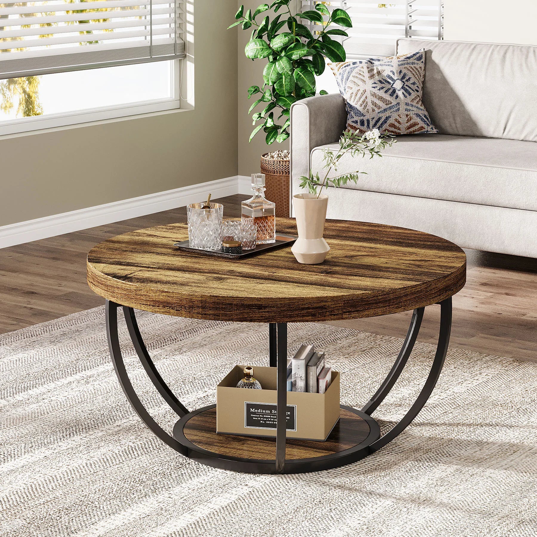 Round Industrial Coffee Table with Storage Shelf for Living Room — 31.7" Oak