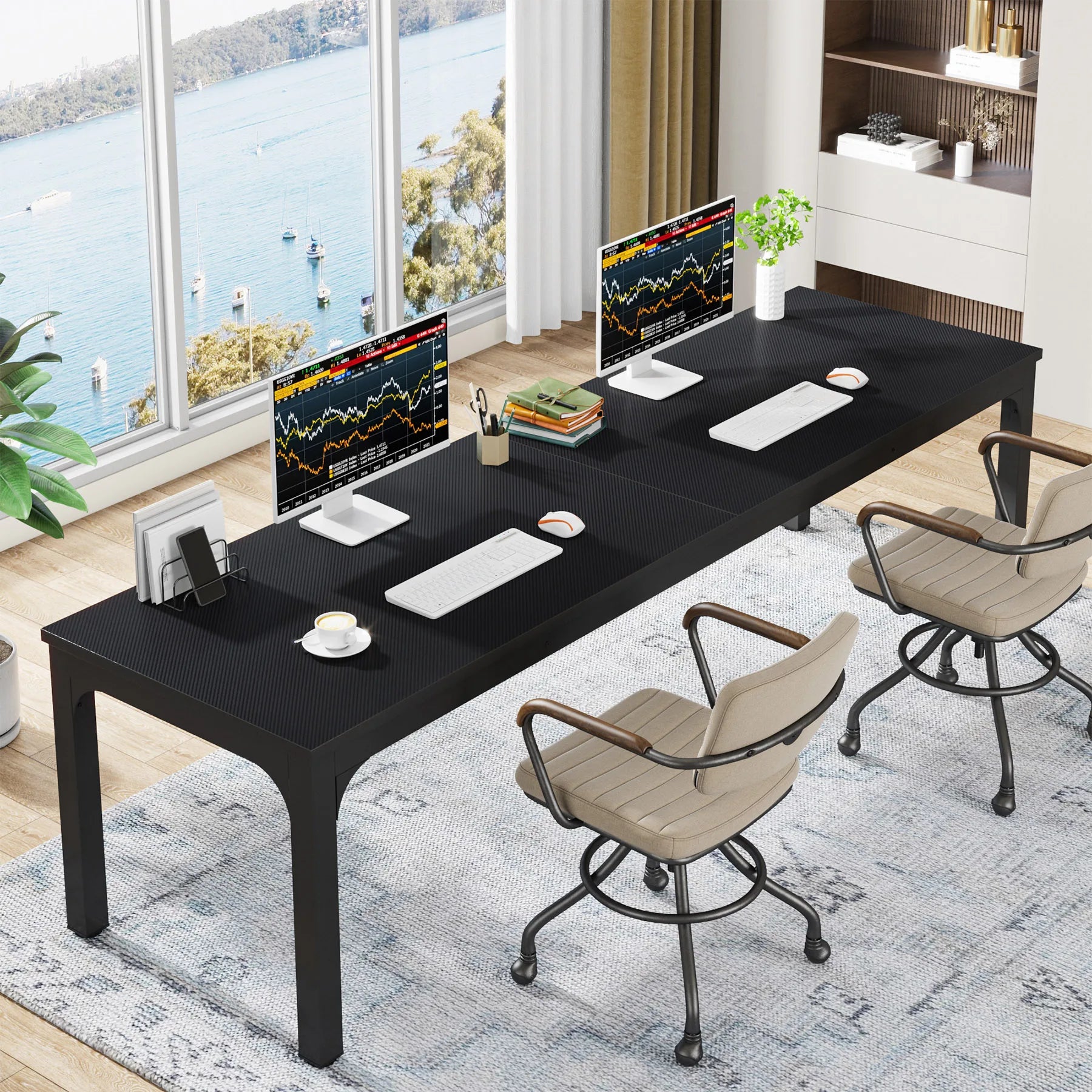 Industrial Wood Computer Desk with Steel Frame for Two-Person Home Office — 78.7"