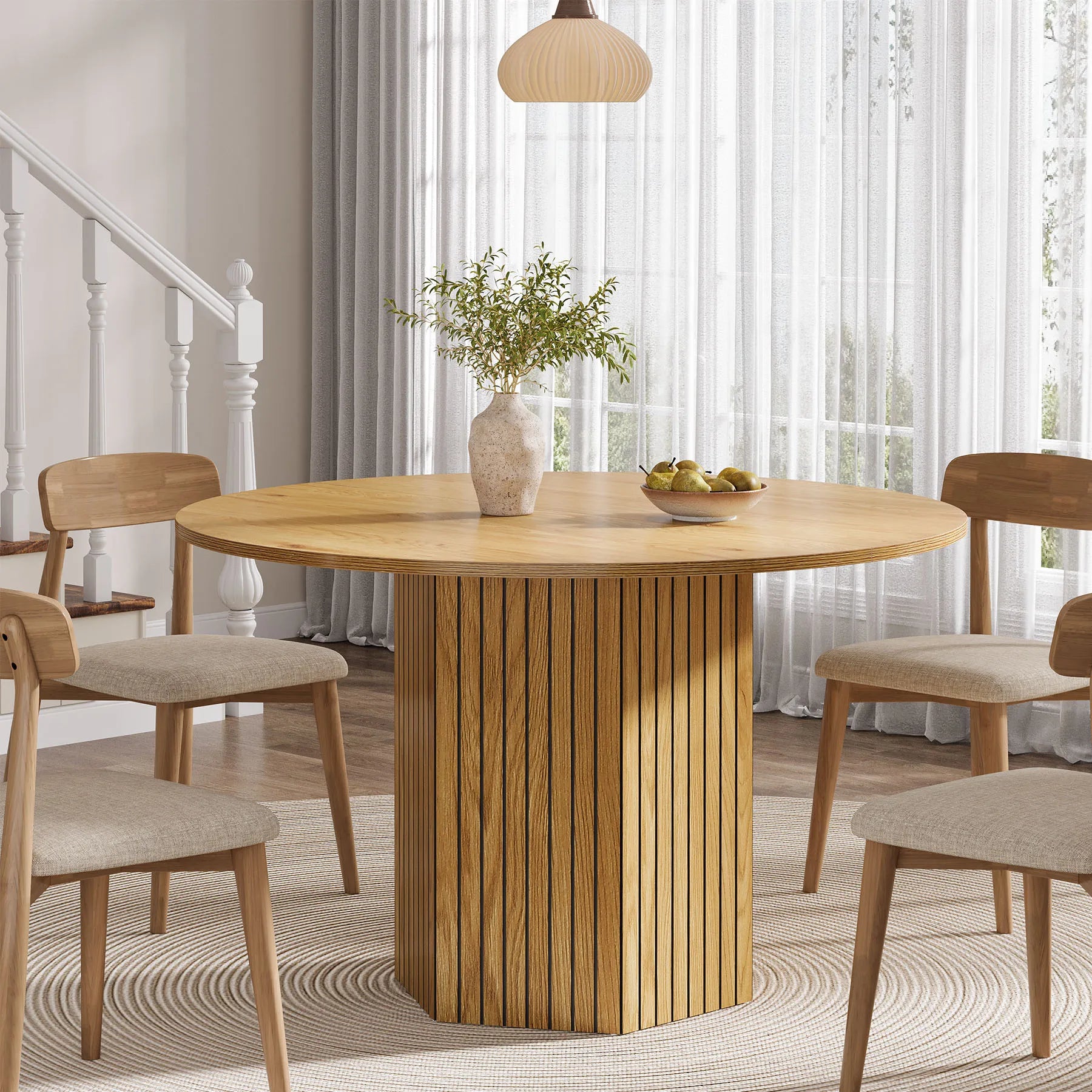 Walnut Round Dining Table with Sculptural Metal Pedestal for 4-6 — 47in