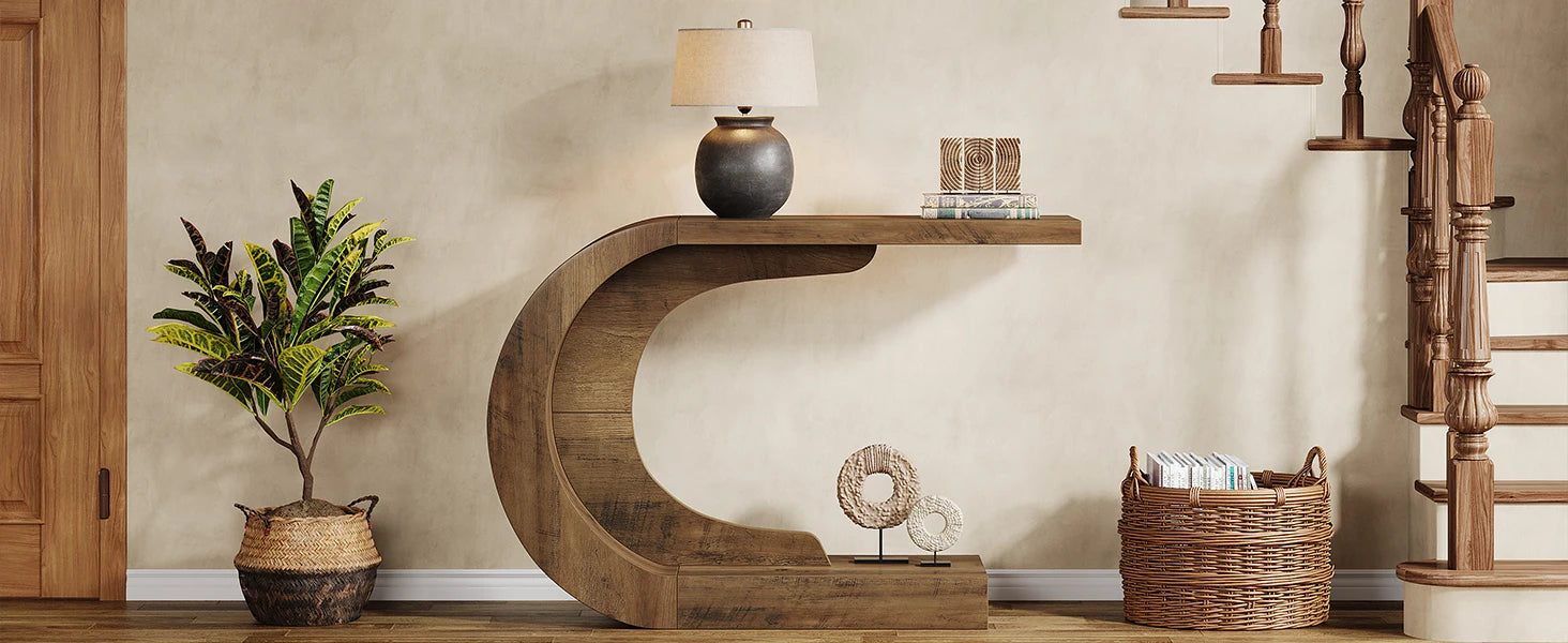 Curved Wood Console Table with Sculptural C-Base for Entryway — 43" Wide