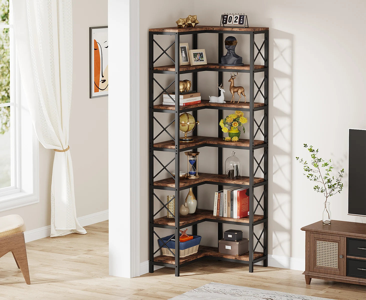 Industrial Corner Bookcase with 7 Shelves and Black Metal Frame for Living Room — 71" Tall