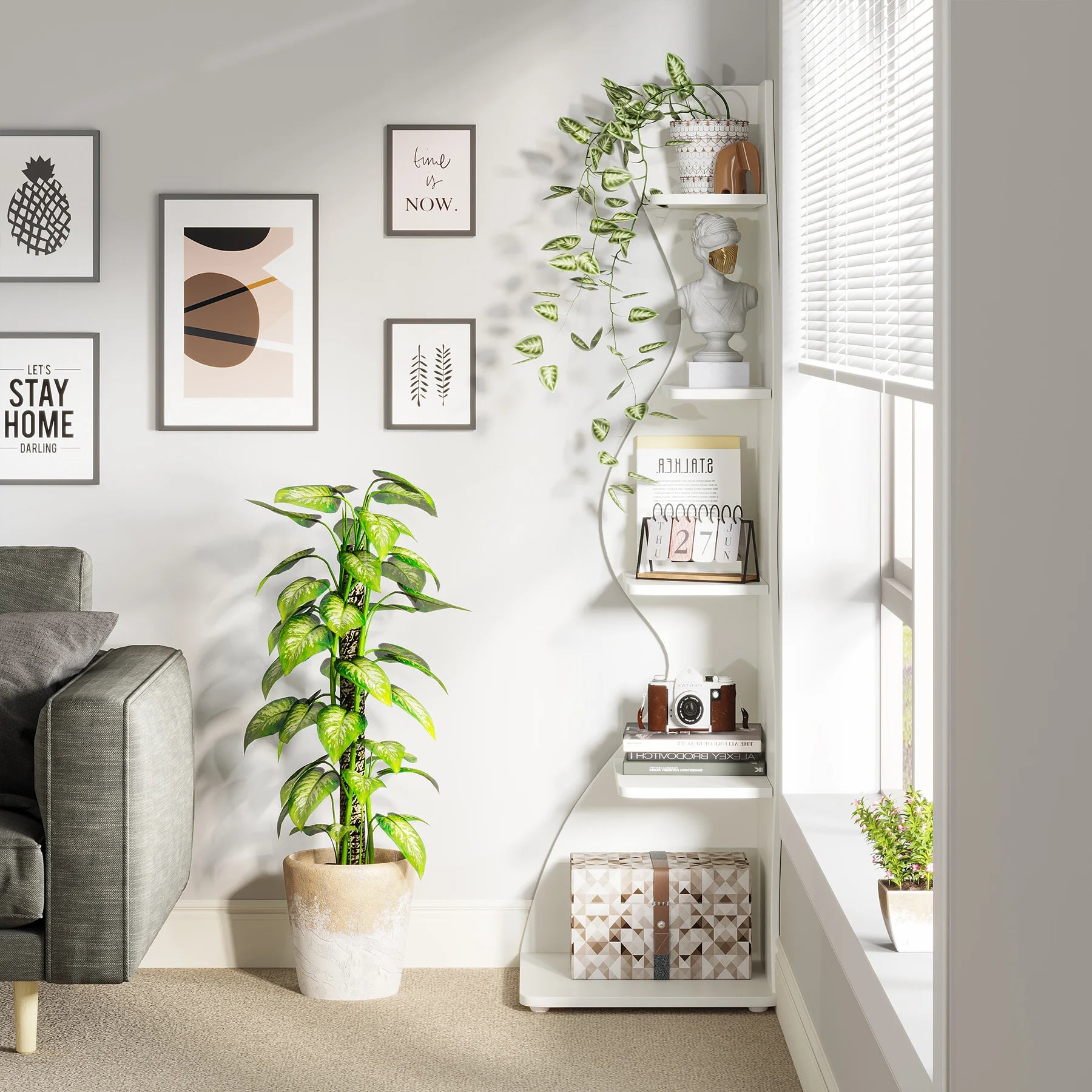 White Wave 5-Tier Corner Bookshelf with Curved Silhouette for Living Room — 65"H Floor Shelf
