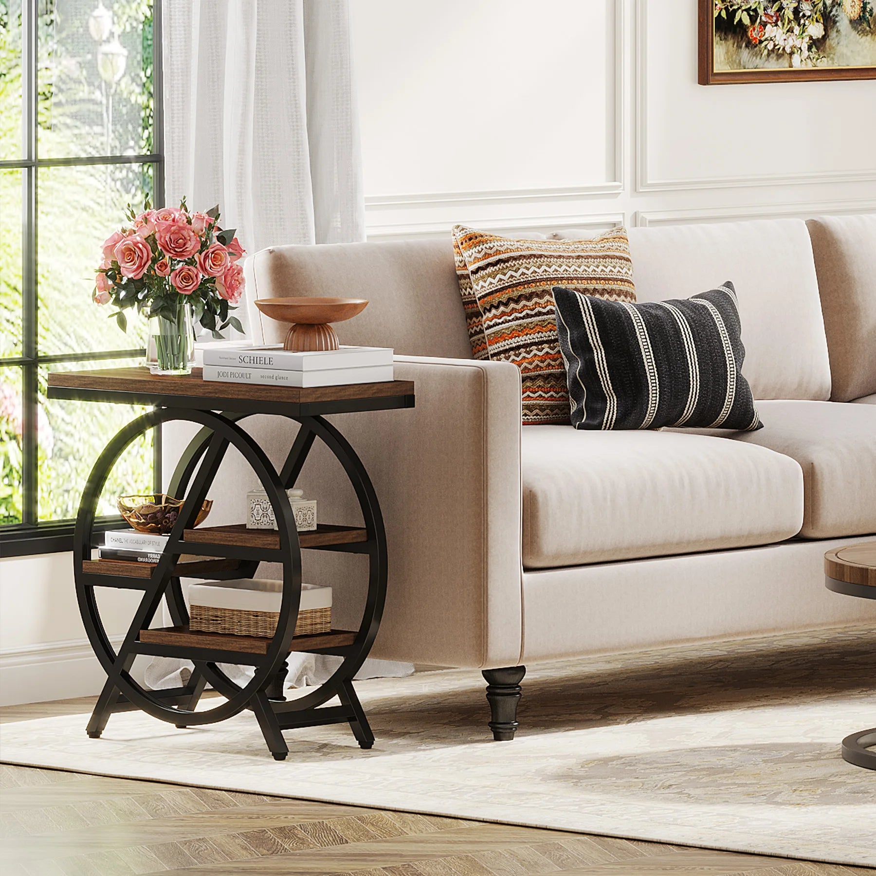 Rustic Wood 3-Tier Side Table with Round Metal Frame for Living Room — Narrow