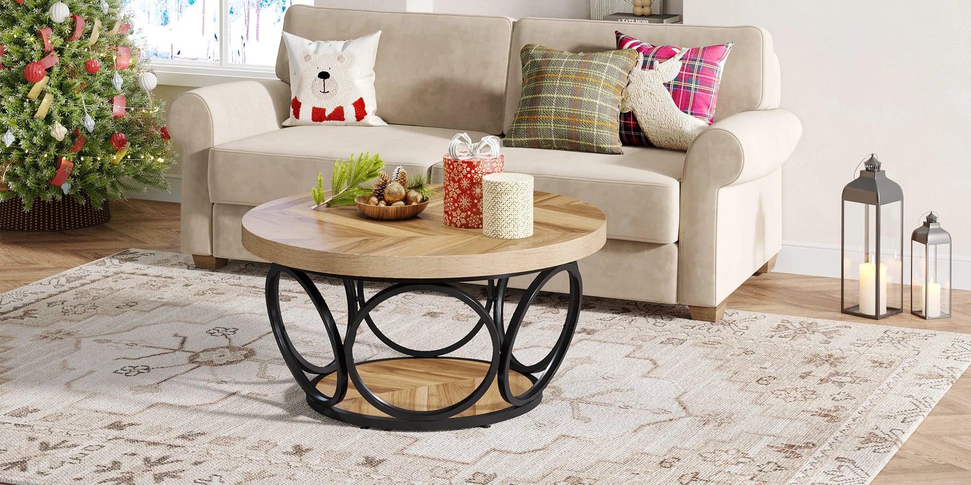Round Industrial Coffee Table with Storage Shelf for Living Room — 31.7" Oak
