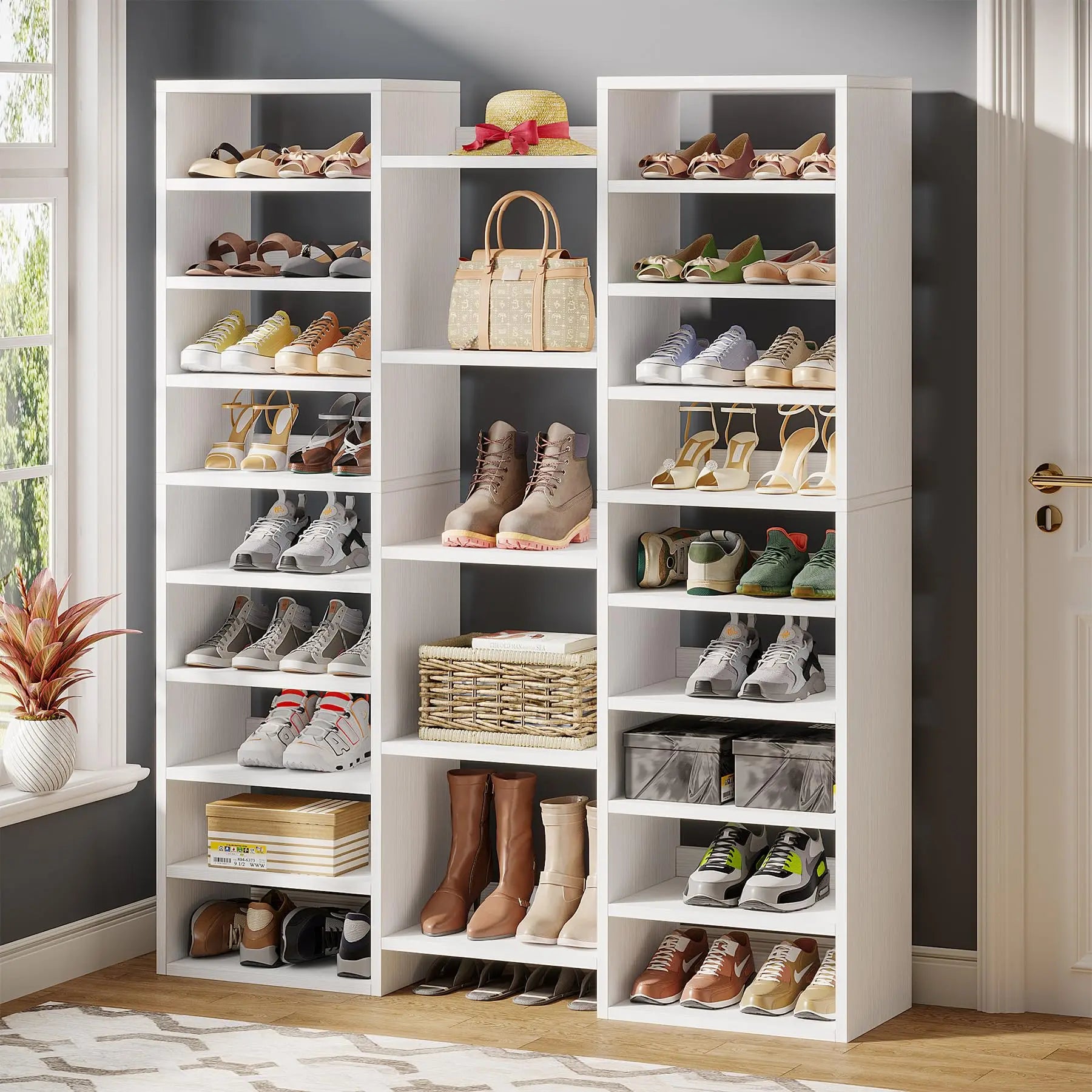 White Wood 14-Tier Shoe Rack with 22 Open Cubbies for Entryway — Holds 46 Pairs