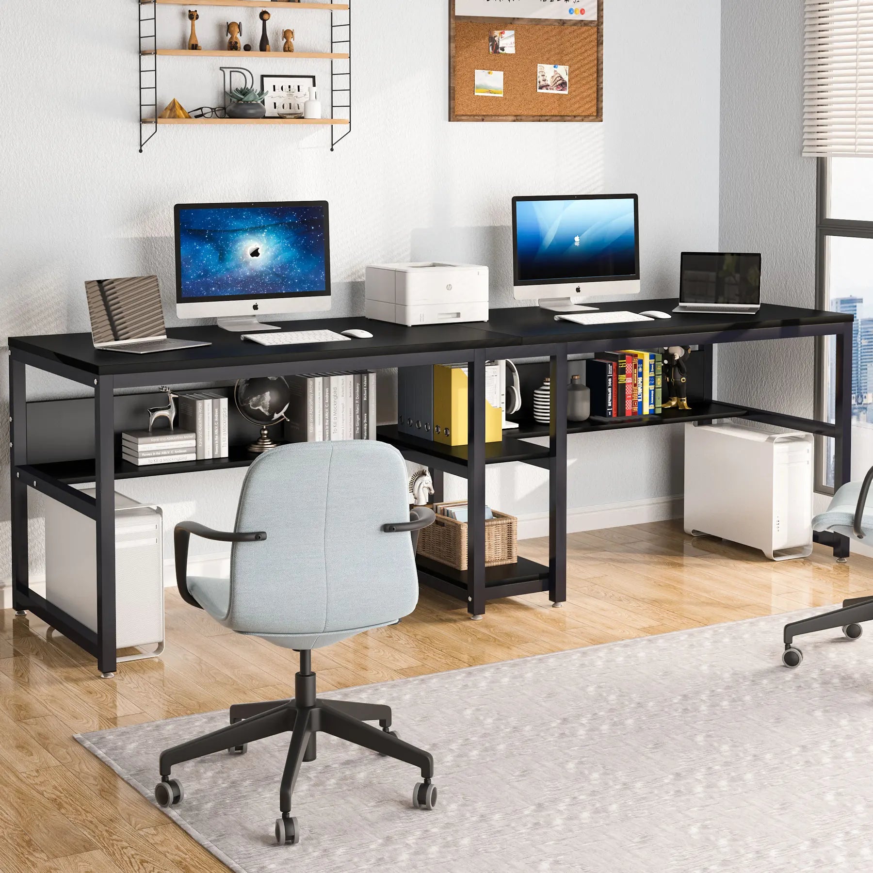 Rustic Two-Person Desk with Bookshelf for Home Office — 78.7in Double Workstation