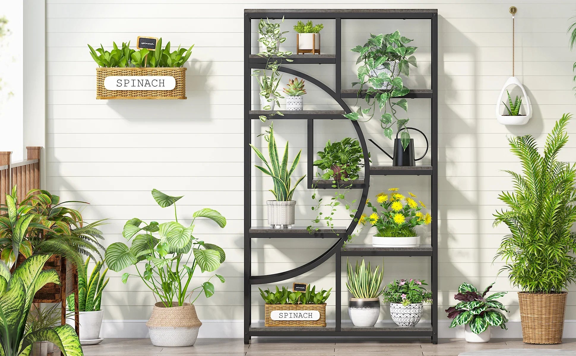 Industrial Etagere Bookcase with Curved Arc for Living Room — 71" Tall Freestanding