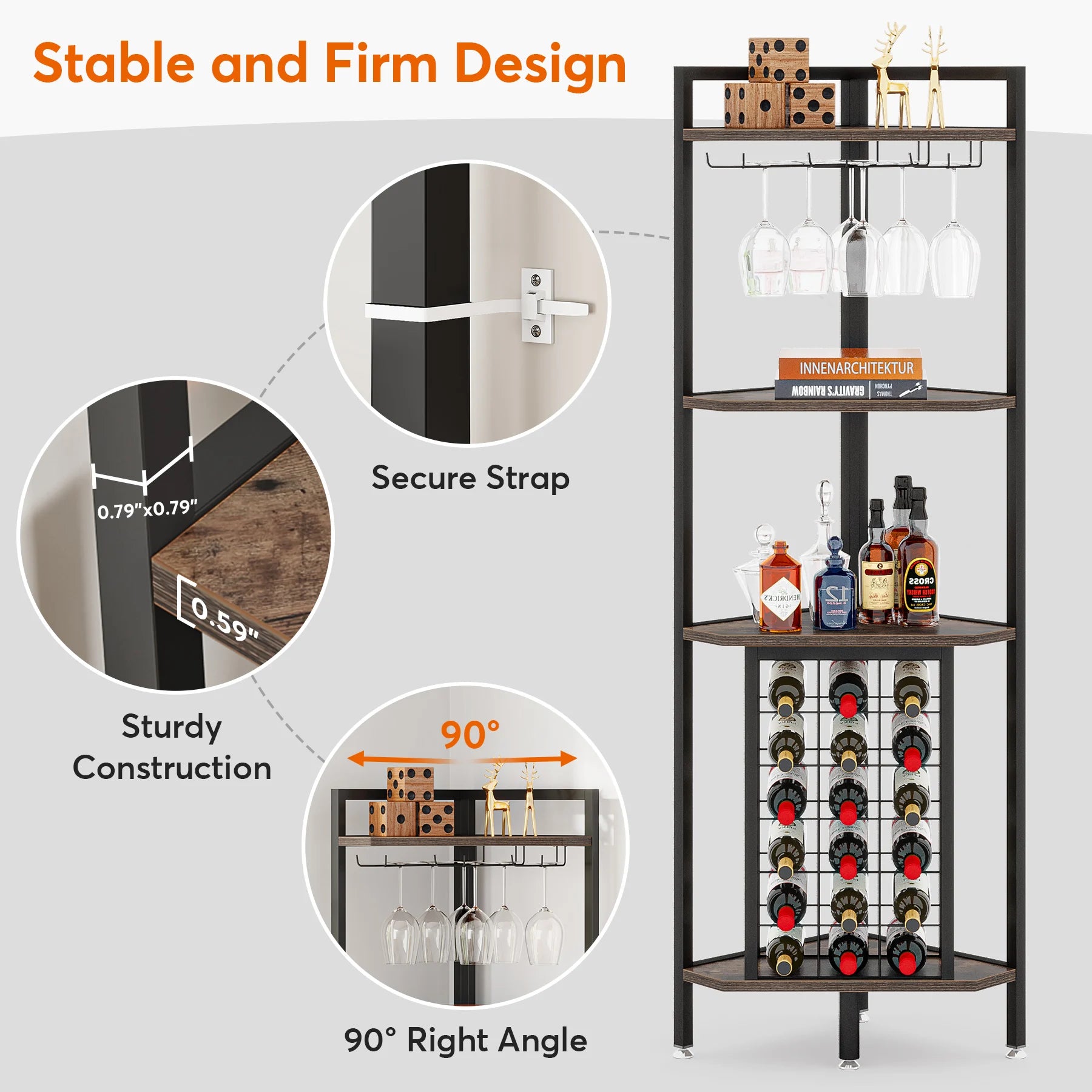 Industrial Wine Bakers Rack, 20-Bottle Freestanding Wine Rack with Glass Holder & Storage Shelves