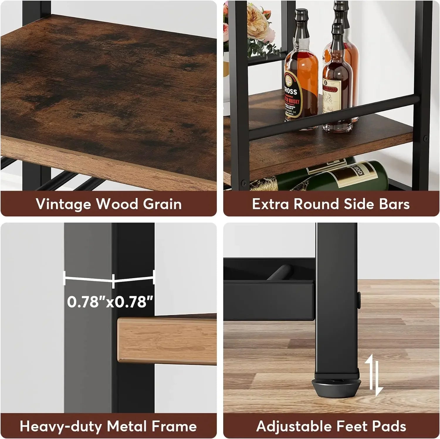 Industrial Wine Bakers Rack, 20-Bottle Freestanding Wine Rack with Glass Holder & Storage Shelves