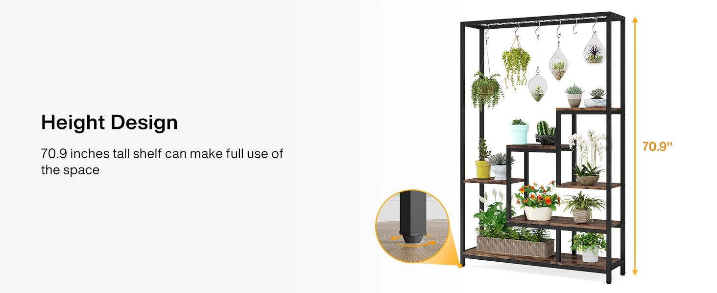 Industrial Metal Plant Stand with Hanging Hooks for Living Room — 5-Tier, 70.9in Tall