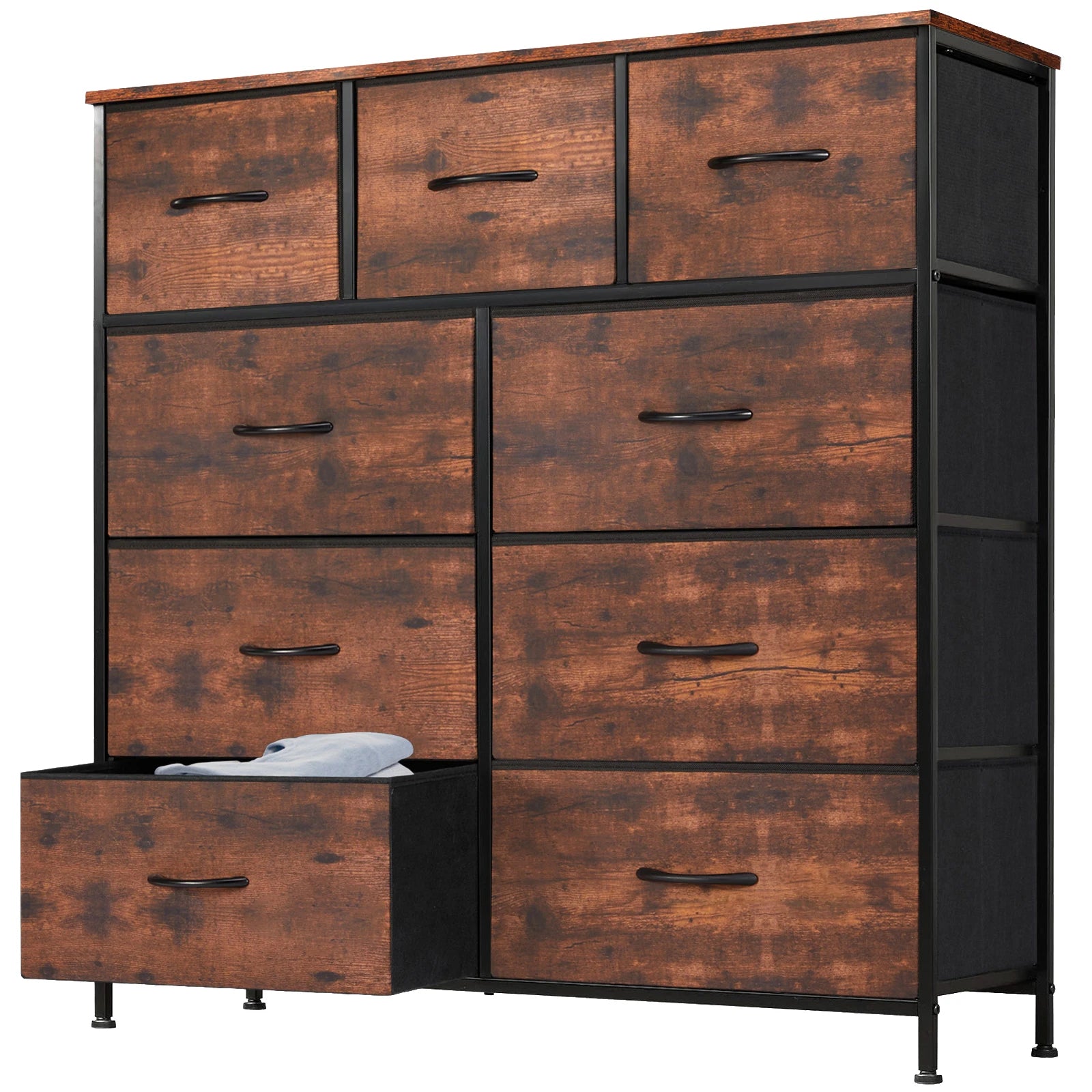 Rustic Wood-Look Dresser with 9 Fabric Drawers for Bedroom — Tall Industrial Chest