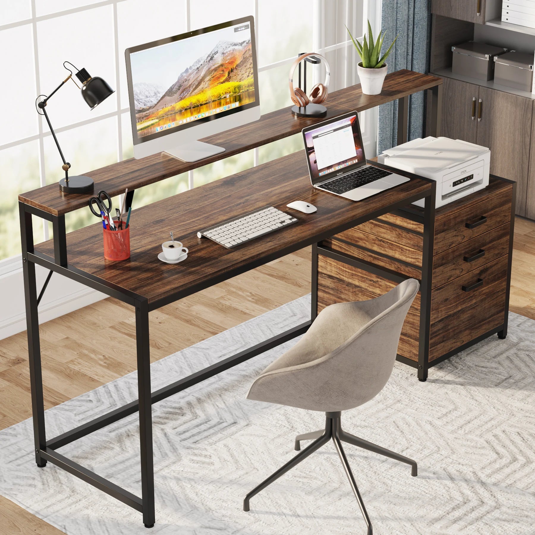 Industrial Computer Desk with 3 Drawers for Home Office — 59in Writing Table