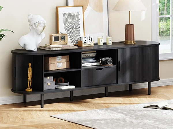 Mid-Century TV Stand for 80" TV — Fluted Walnut Media Console with Storage & Sliding Doors