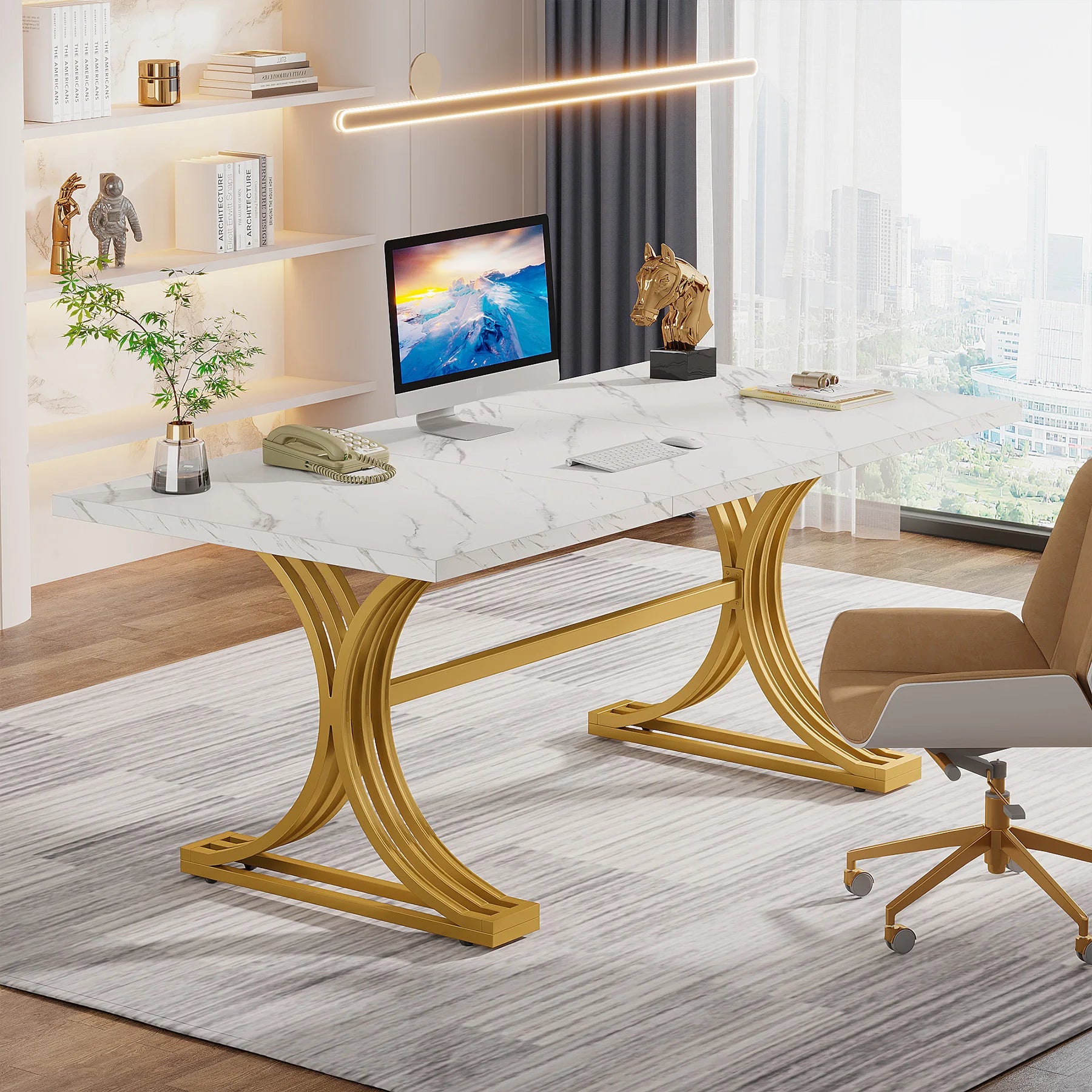 White Executive Desk with Gold Metal Legs for Home Office — 70.9"