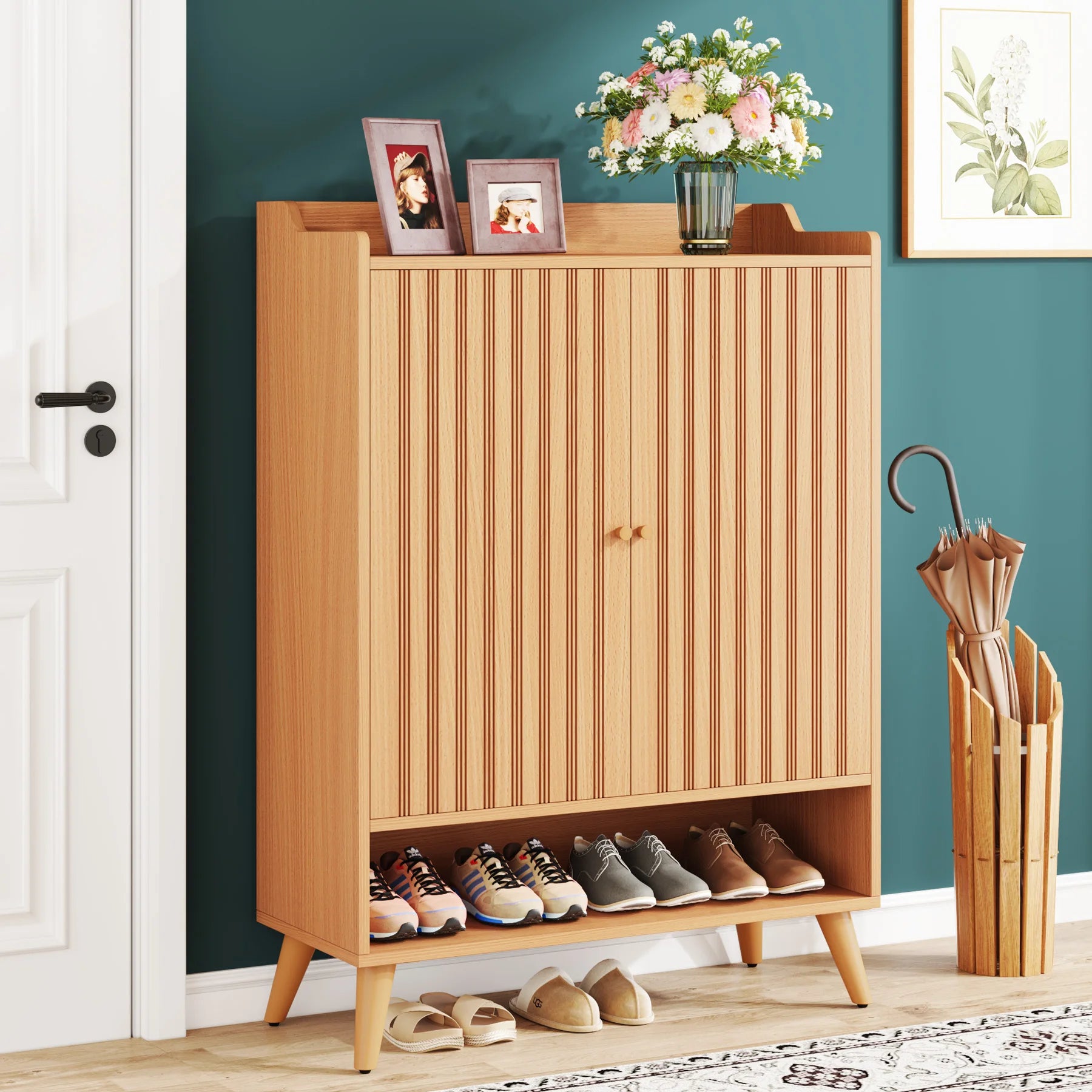 White Gold-Accent Shoe Cabinet with Doors for Entryway — 5-Tier Storage