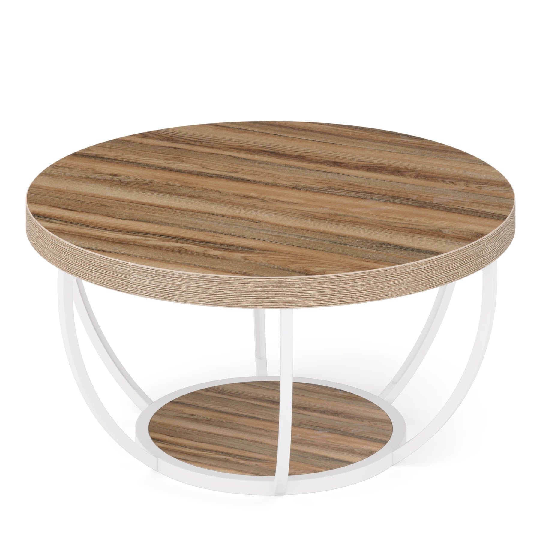 Round Industrial Coffee Table with Storage Shelf for Living Room — 31.7" Oak
