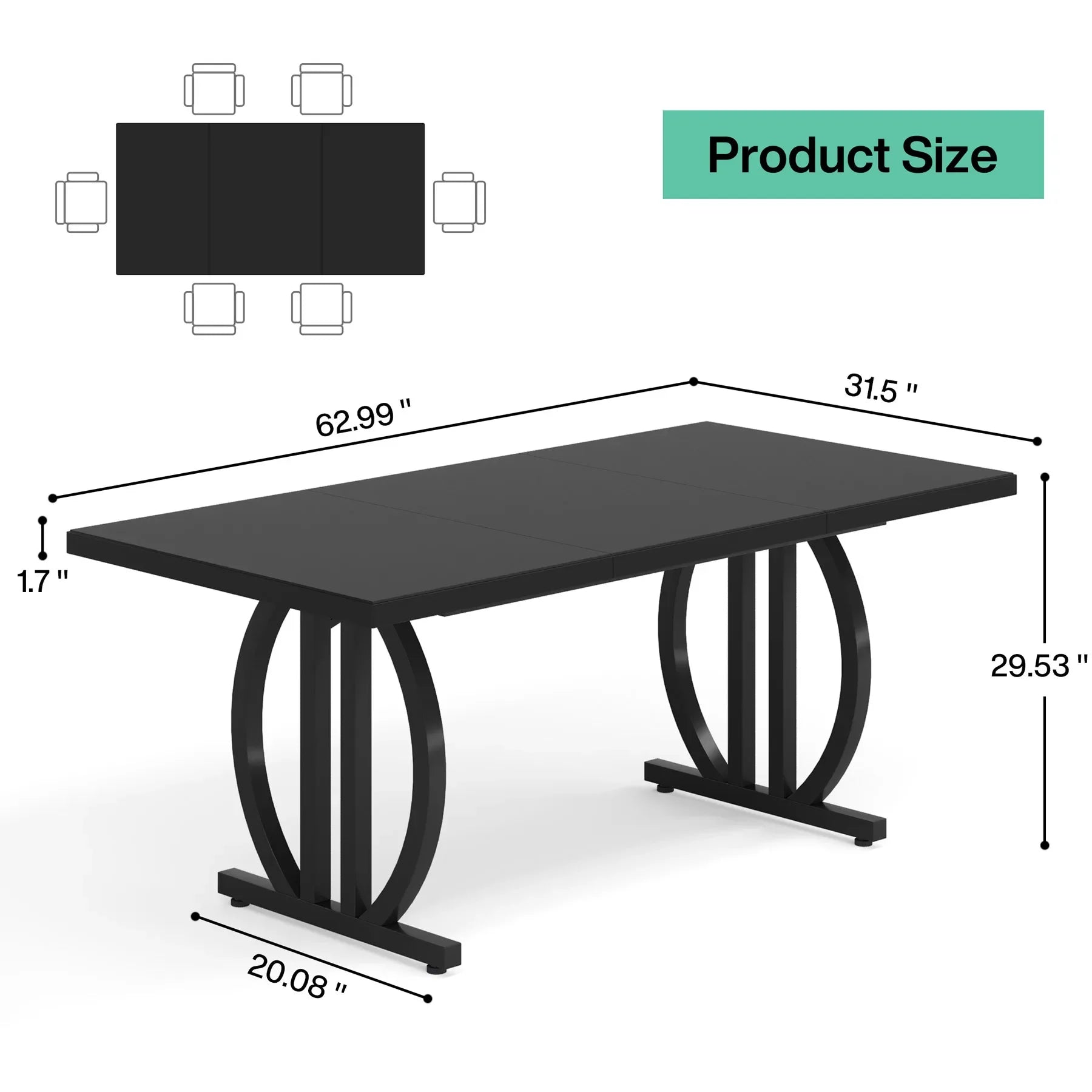 Modern Black 63" Dining Table with Curved Metal Pedestal Base for Kitchen — Seats 6