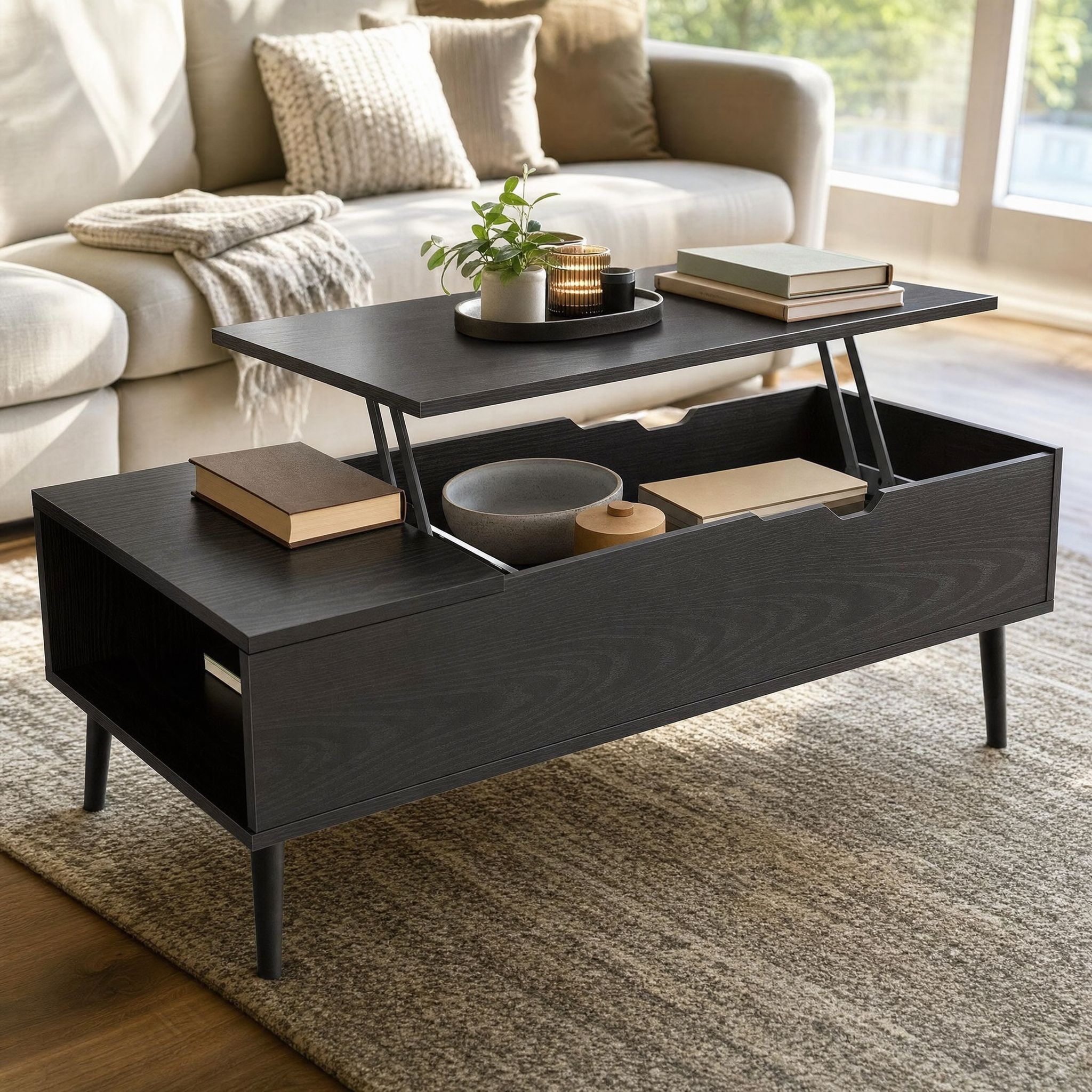 Mid-Century Lift-Top Coffee Table with Hidden Storage for Living Room — 39"W