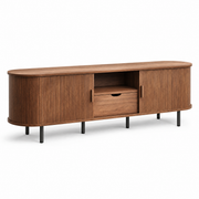 Mid-Century TV Stand for 80" TV — Fluted Walnut Media Console with Storage & Sliding Doors