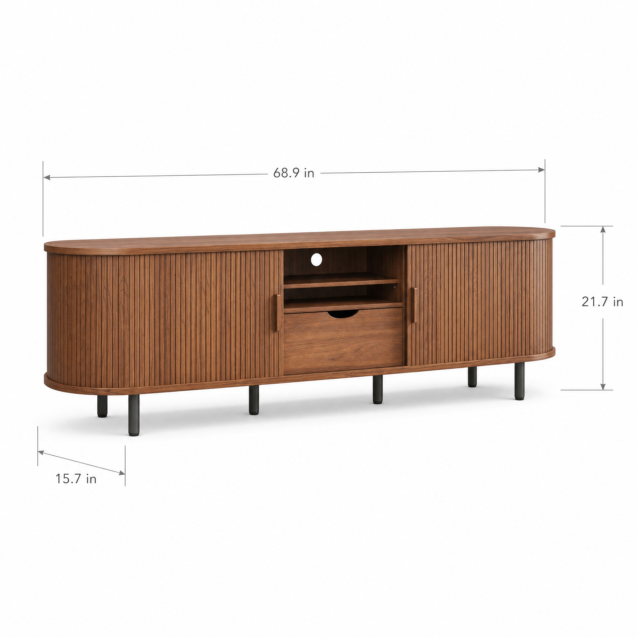 Mid-Century TV Stand for 80" TV — Fluted Walnut Media Console with Storage & Sliding Doors