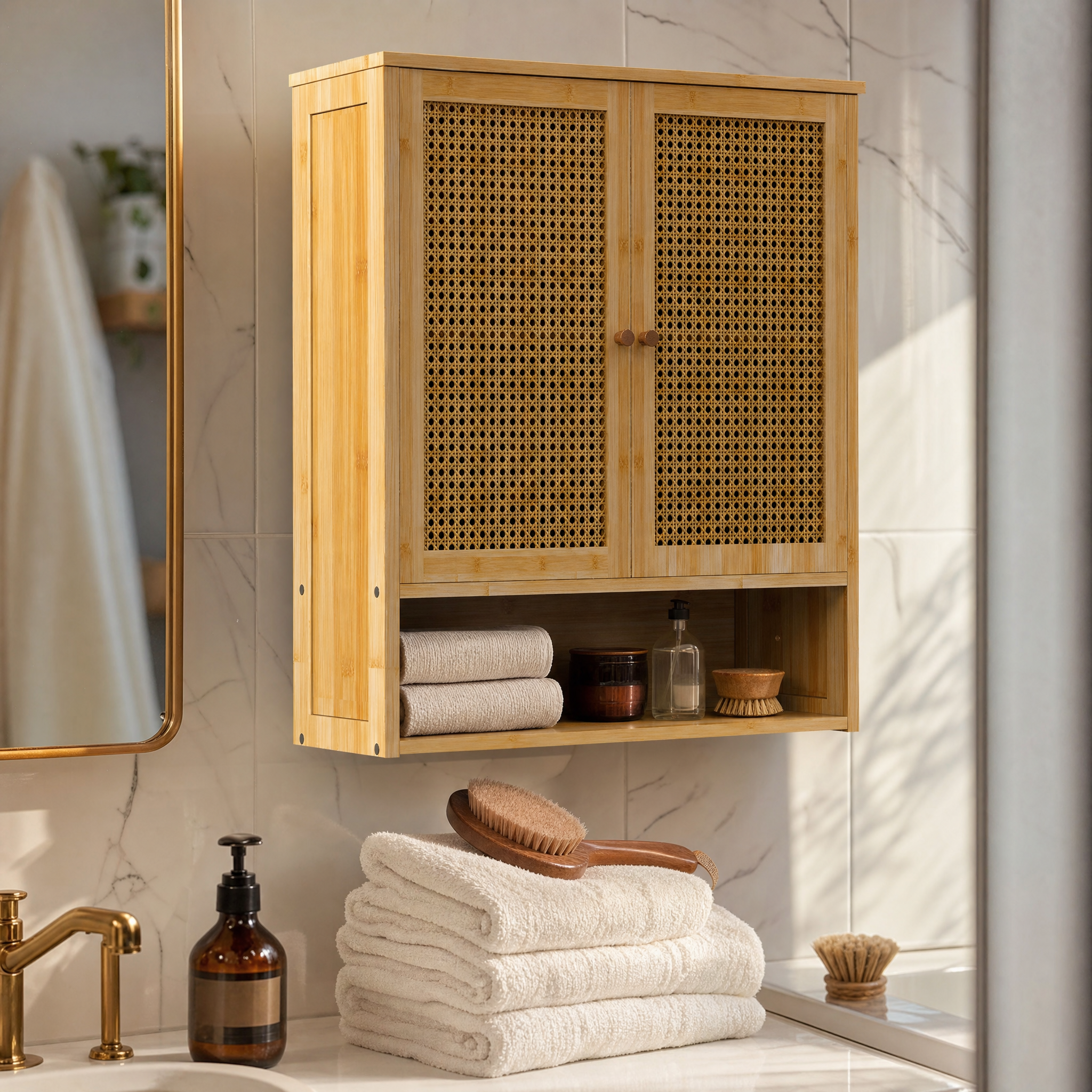 Natural Rattan Wall-Mounted Bathroom Cabinet with Cane Doors and Open Shelf for Bath — 23"H