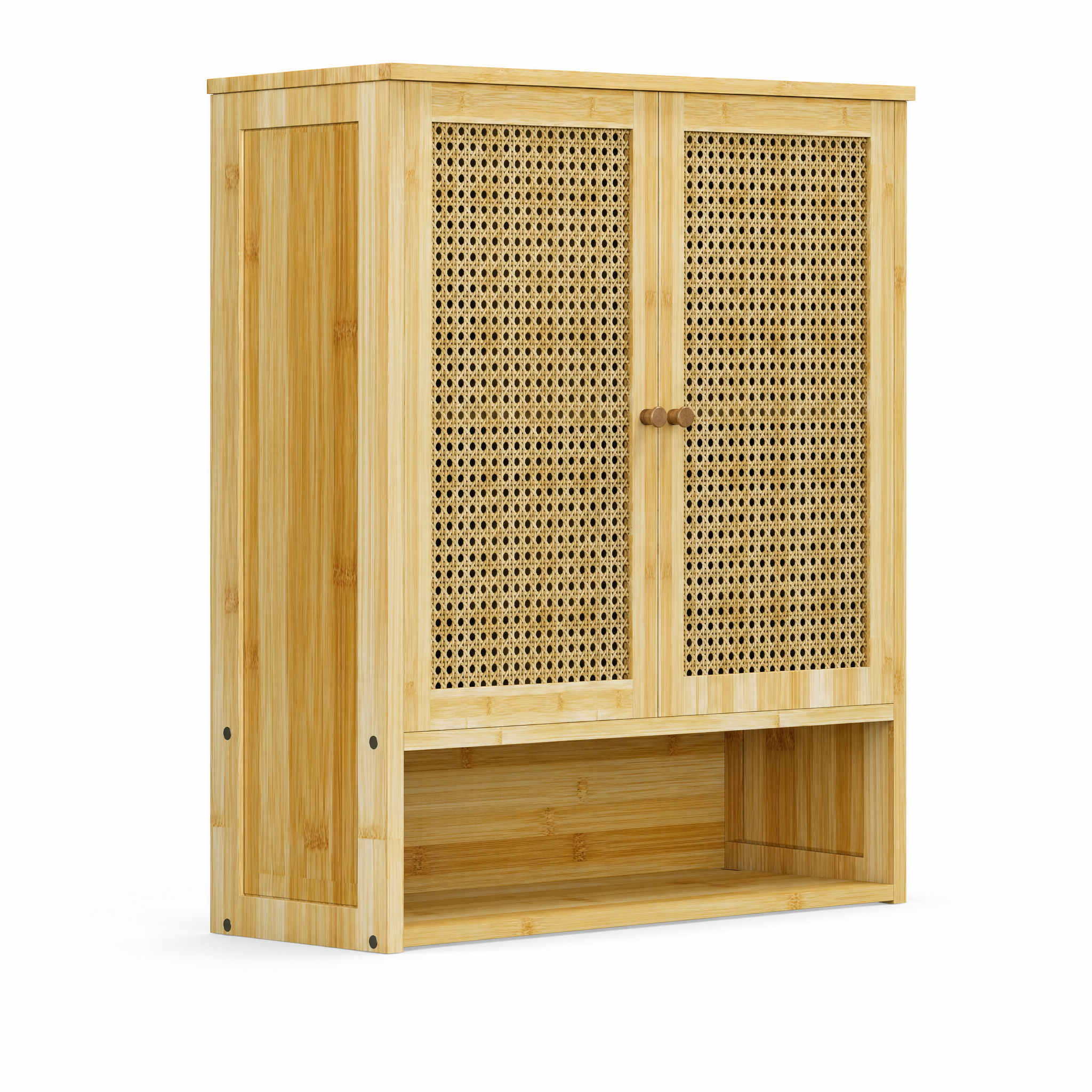 Natural Rattan Wall-Mounted Bathroom Cabinet with Cane Doors and Open Shelf for Bath — 23"H