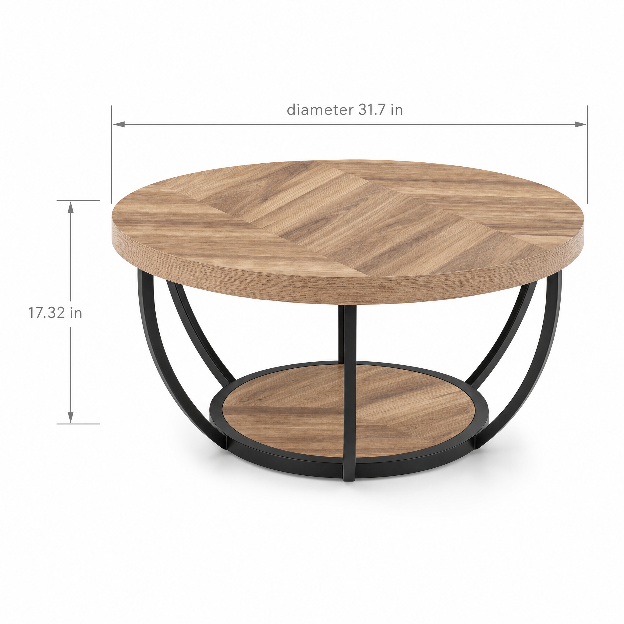 Round Industrial Coffee Table with Storage Shelf for Living Room — 31.7" Oak