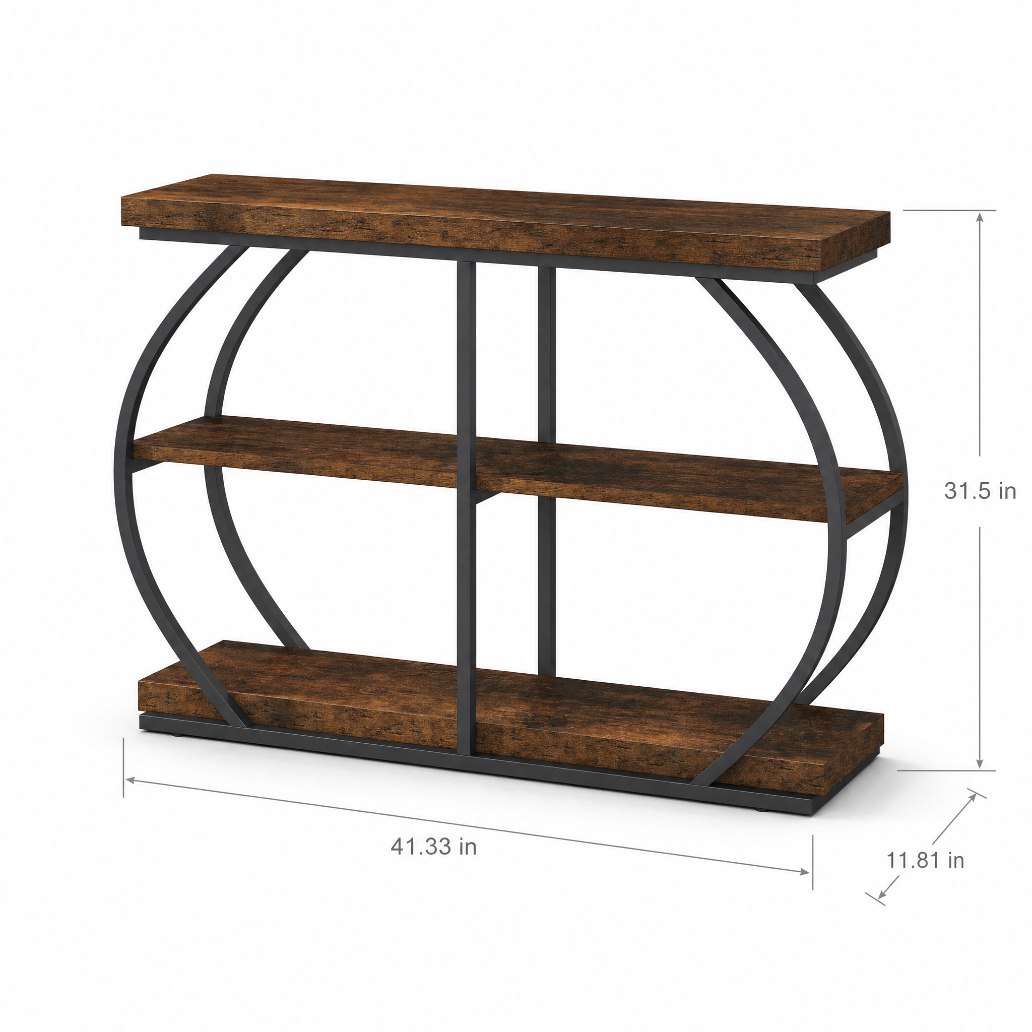 Rustic Industrial Console Table with Arched Metal Frame and 3 Storage Shelves for Entryway — 41 in